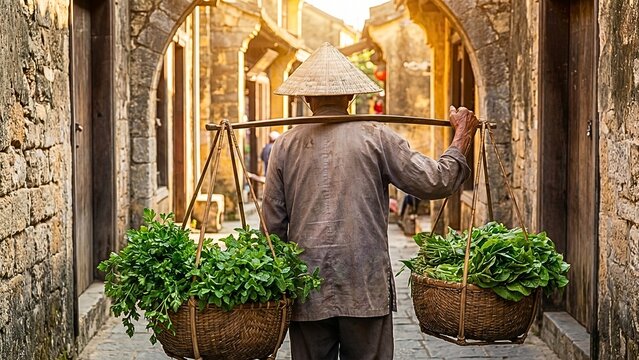 Traditional Vietnamese farmer carrying fresh produce in baskets down a cobblestone street during golden hour
