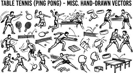 Fototapeta premium Table Tennis Ping Pong Hand Drawn Vector Icons Set, Sports Illustration