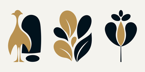 Three minimalist abstract graphics on a light background: a gold-and-navy stylized bird at left, a layered leaf motif in the center, and a tall, symmetrical flower with a thin stem at right. © Phaimanee