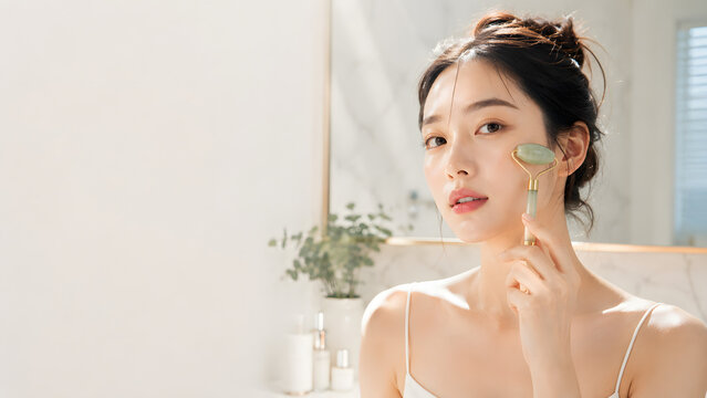 Asian Woman Using Jade Roller in Modern Bathroom, Luxury Self-Care and Glass Skin Skincare Photography