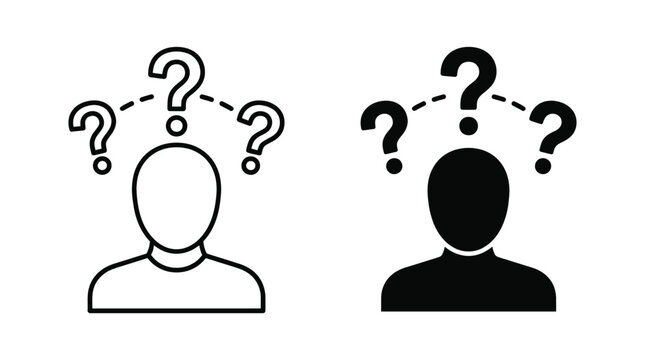 Confused person vector icon isolated on white Black and white outline line art and solid glyph silhouette