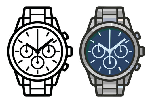 Wristwatch and chronograph vector icon set with analog dial and metal strap on transparent background