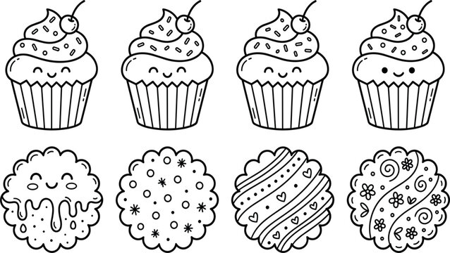 Hand Drawn Cupcakes and Decorative Cookies Doodle Collection for Bakery Menu Sweet Dessert Packaging and Coloring Page Designs