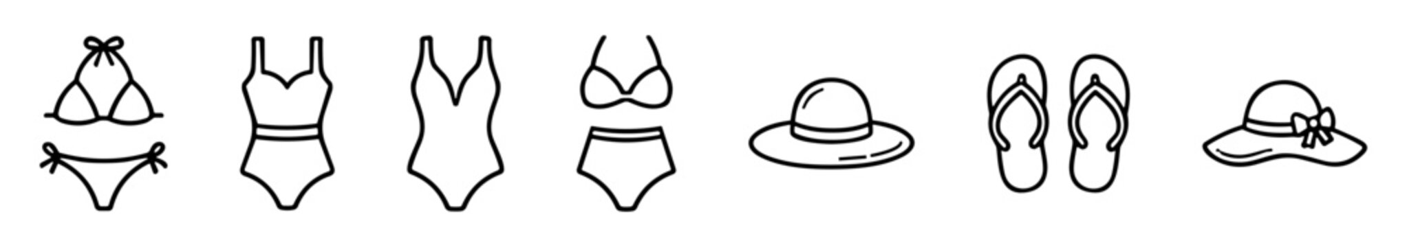 Swimwear and beach fashion outline vector icon set on transparent background