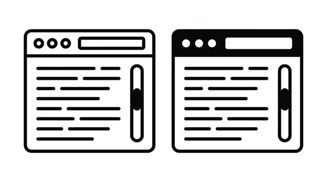Browser window vector icon isolated on white Black and white outline line art and solid glyph silhouette