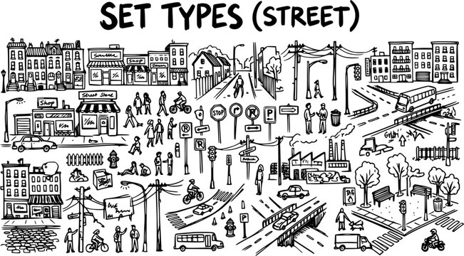 Black and White Line Art Illustration of Street Scenes with Buildings, Cars, People, and Traffic Signs