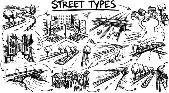 Black and White Line Art Illustration of Various Street Types and Transportation Modes
