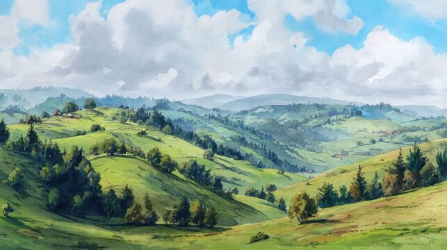 Verdant, rolling hills under a bright sky, dotted with trees and small settlements