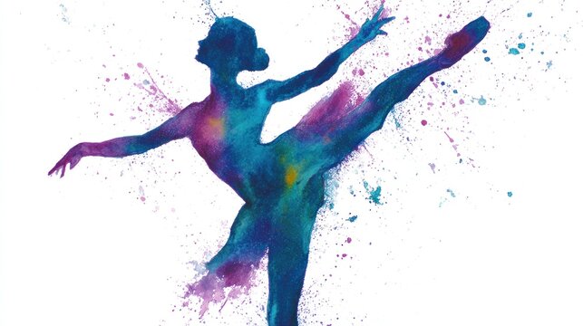 Watercolor ballerina silhouette, arms spread, leg extended in pose, color splatters against white