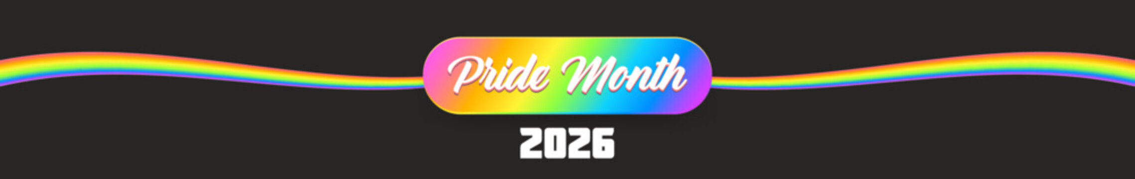 Pride Month typography lettering wide banner with rainbow circular button badge on grey background. Minimalist LGBTQ community icon for love equality event poster and corporate web header design.