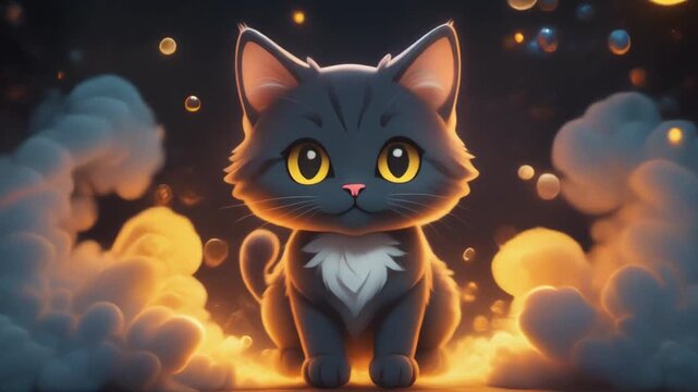 Adorable cartoon black cat surrounded by glowing bubbles and smoke