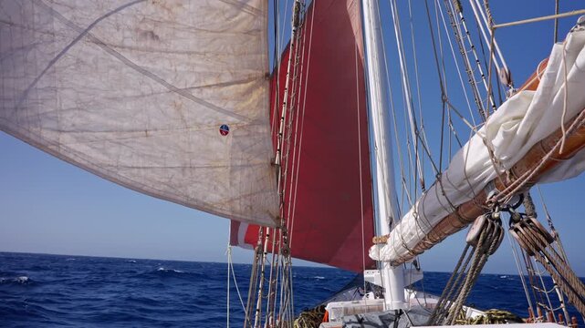 Sailing Ship Deck View in Drake Passage with Red Sail