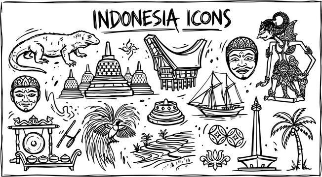 Indonesia Icons Collection: Line Art Vector Illustrations of Culture, Landmarks, and Wildlife