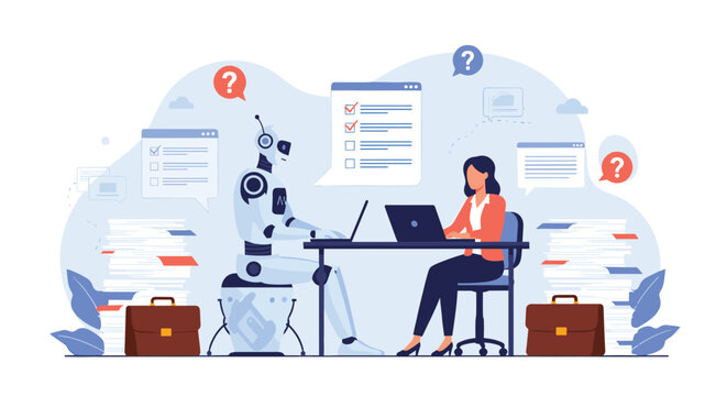 Futuristic office scene showing a human employee and a sophisticated robot working side by side at a desk.