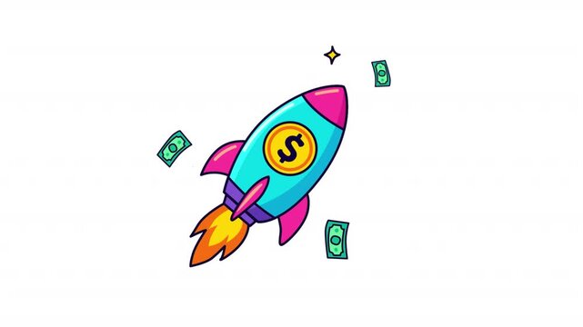 Colorful rocket launching to the moon with flying cash, wealth growth finance animation, on transparent alpha background