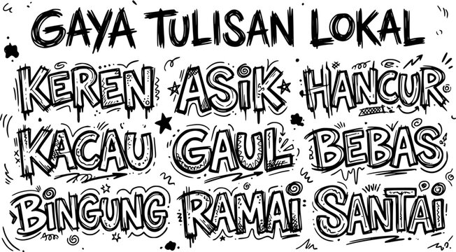 Indonesian Slang Words Graffiti Style Typography - Gaya Tulisan Lokal - Keren Asik Hancur Kacau Gaul Bebas Bingung Ramai Santai