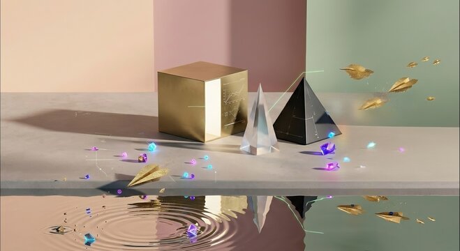 Abstract geometric objects casting dramatic shadows on pastel background, modern minimalist design, clean aesthetic composition, ultra realistic materials, premium editorial style, soft studio lightin