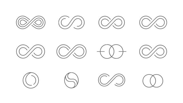 Infinity symbols and loop designs in black lines on white background for graphic resources