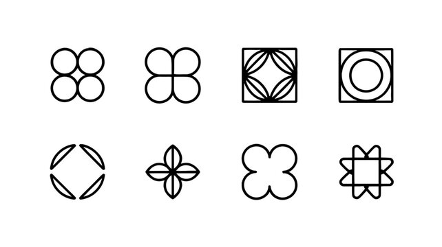 Set of eight unique geometric shapes with interconnected circles and squares in black lines on white background for design and icon purposes