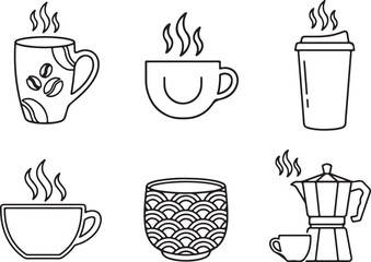 Obraz premium Coffee cups and moka pot line art icon set vector illustration