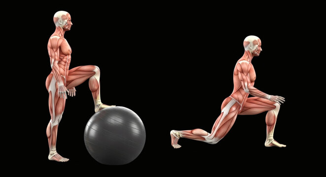 Anatomical human muscular model doing stability ball lunge exercise