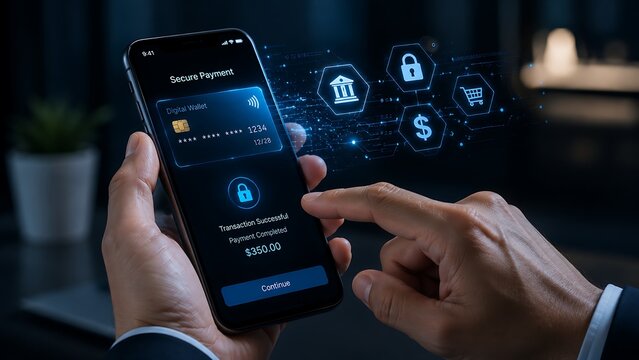 A person holding a smartphone with a secure payment app on the screen and icons related to finance and security floating above it
