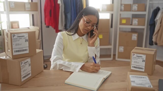 Woman on phone writing with hand in notebook amid shipping boxes and clothing rack in studio; focused small business.