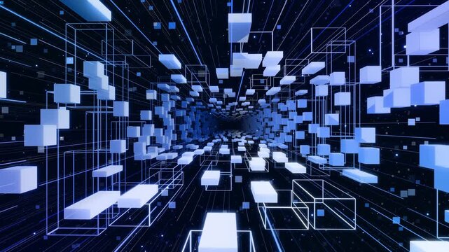 3d looped abstract background with data blocks. Information technology concept with data flow. Blue dark sci fi bg fly through hi tech digital space, neon light. Data flow in blockchain or bigdata.