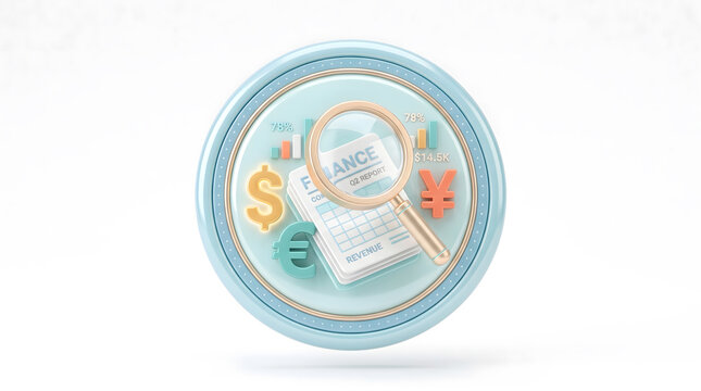 Financial Analysis & Accounting Concept Icon with Magnifying Glass, Calculator, and Global Currency Symbols