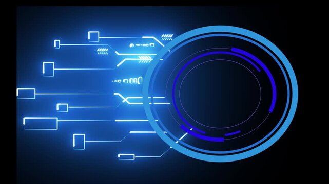 Blue digital hud circular interface with light connections and futuristic motion graphics glowing lines for cyber communication presentation screensaver tech data processing element abstract light bac