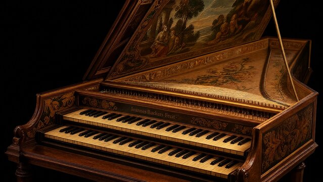 harpsichord. Open Baroque harpsichord revealing two rows of keys and internal paintings. event programs, museum guides, designed for cultural heritage projects and event programs.