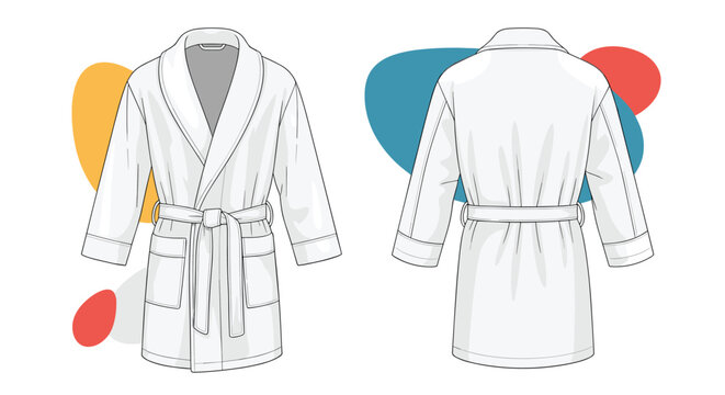 Detailed technical fashion sketch of a classic white cotton bathrobe shown from both front and back views for apparel design projects.