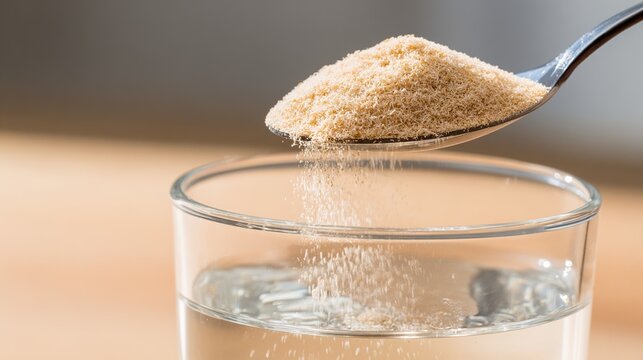 psyllium. Spoonful of psyllium husk powder being poured into glass of water. menu design, packaging mockups, designed for culinary blogs and recipe cards for restaurants, used by financial analysts.
