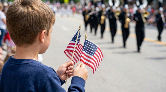Fourth july parade american flag child spectator marching band street celebration daytime summer. us american independence freedom. patriotic festive celebration, crowd gathering flag