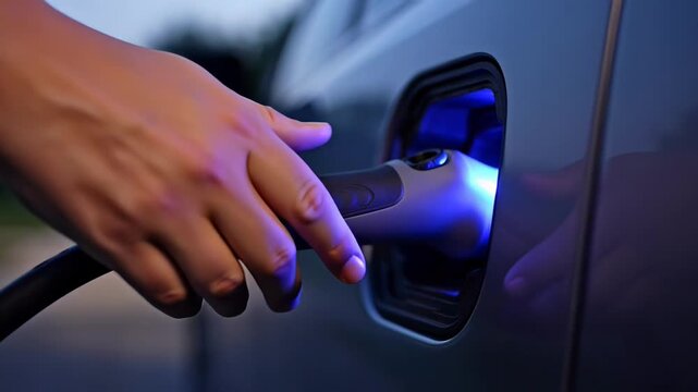 ?Charging an electric vehicle at dusk: closeup of plug connection and activation