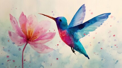 Fototapeta premium A watercolor painting of a vibrant hummingbird hovering near a soft pink lotus flower. The background is a pastel wash of colors
