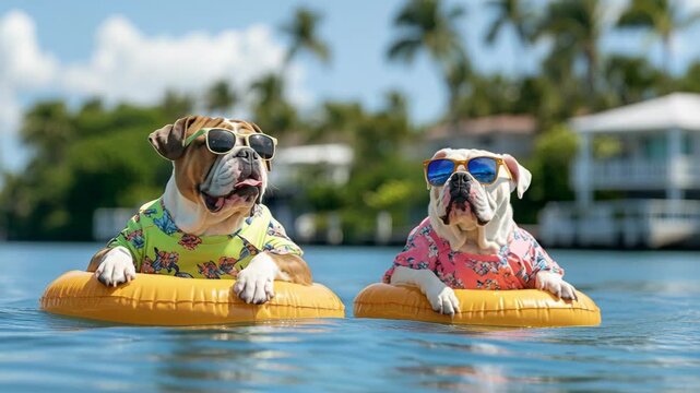 Two bulldogs wearing colorful Hawaiian shirts and sunglasses floating on yellow tubes in the water.