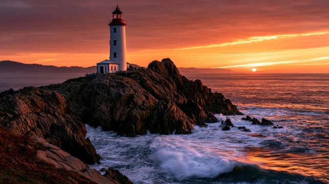 White lighthouse on rocky outcrop with dramatic orange sunset over ocean