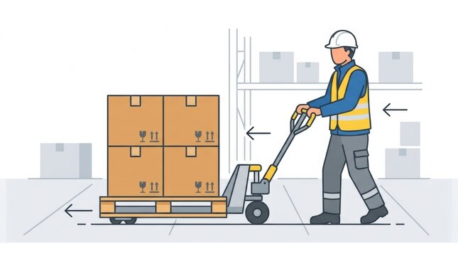 Worker pushes a pallet loaded with boxes in a warehouse. This activity is part of daily logistics and operations in the setting.