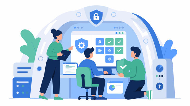 Cybersecurity Team Monitoring Data Protection On Computer Screen.