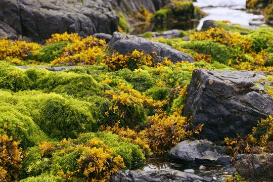 Green moss and yellow seaweed covering coastal rocks in intertidal zone
