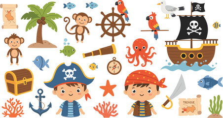 Cute Cartoon Pirate Kids and Tropical Animal Elements Set with Sailing Ship, Monkeys, Parrots, Octopus, Treasure Chest, and Coral Reef for Children Designs © Mithunkumar
