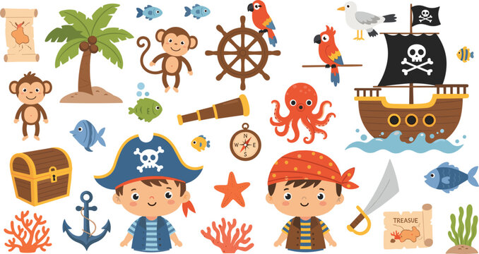 Cute Cartoon Pirate Kids and Tropical Animal Elements Set with Sailing Ship, Monkeys, Parrots, Octopus, Treasure Chest, and Coral Reef for Children Designs
