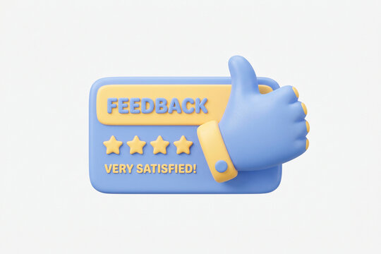 Icono de retroalimentaci&oacute;n de clientes en 3D con pulgar hacia arriba y calificaci&oacute;n de 4 estrellas