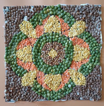 Creative Work with split lentils, split green grams, split red grams, different types of grams