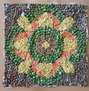 Art Work with split lentils, split green grams, split red grams, different types of grams