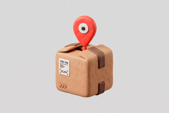 Paquete de env&iacute;o en 3D con pin de ubicaci&oacute;n GPS y etiqueta de escaneo