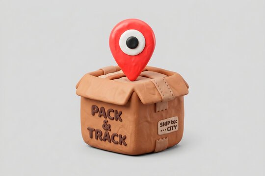 Icono de log&iacute;stica en 3D de caja de env&iacute;o con pin de ubicaci&oacute;n y texto de rastreo.