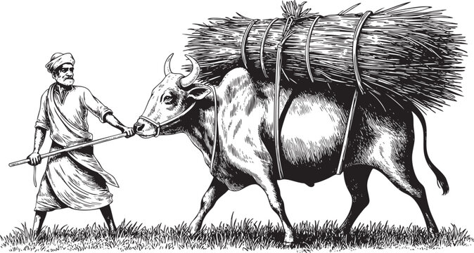 Man guiding a donkey loaded with a large bundle of hay in a rural environment