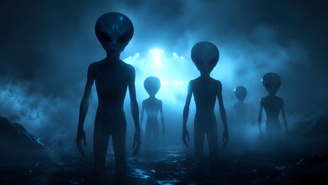 Mysterious alien figures standing in dark foggy landscape with glowing blue light science fiction extraterrestrial encounter and UFO invasion concept